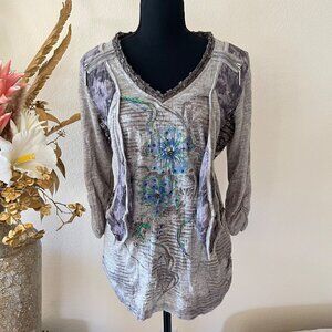 Y2K Grunge Skater Embroidered Flowy Gray Glitter Thread Top